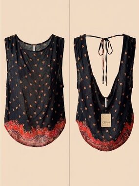 Free People New with Tags - Black Tank Top with Red Paisley Hem